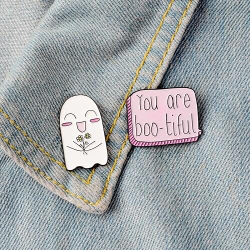 Cartoon Smile Ghost boo-tiful Enamel Pins Brooches Shirt Collar Button Badges Simple Pink Love Jewelry Backpack Accessories