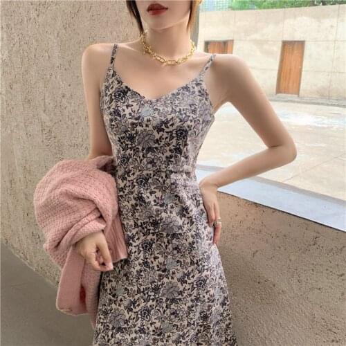 2021 Summer New French Retro Slim Dress Floral Sling Skirt Female Long Skirt Trendy Print Thin Style