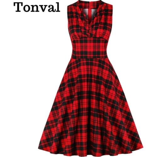 Tonval Women High Waist Red Plaid Vintage Ruched A Line Dress Female Sleeveless V-Neck Wrap Elegant Midi Dresses