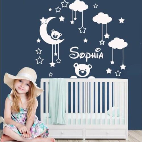 Custom Name Sticker Wallpaper Moon Bear Vinyl Baby Wall Sticker Personalized Wall Decals For Kids Rooms Decor B505
