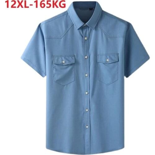 Summer Large Size Men denim Shirt short Sleeve high street cotton oversize 10XL 12XL 11XL pockets cow boy loose Shirt 66 68 54