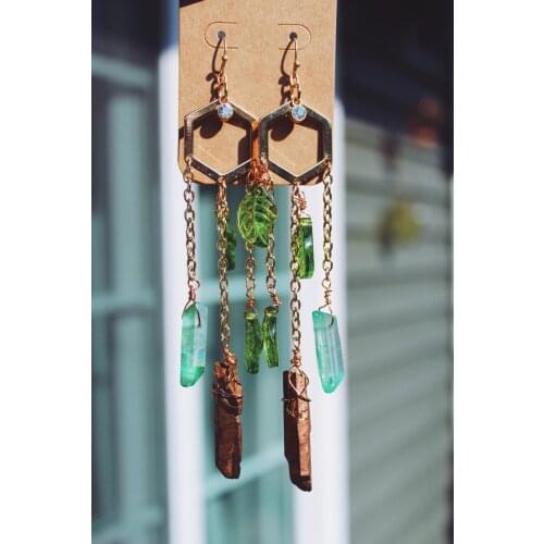 Handmade Green Leaves Forest Woodland Crystal Earrings