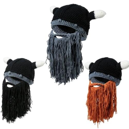 Hot sale Mens Barbarian Vagabond Viking Beard Beanie Horn Hats Handmade Winter Warm Birthday Cool Gifts Funny Gag Halloween CaP