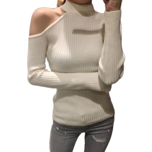 Gkfnmt Sexy off shoulder knitted sweater Women elegant solid skinny slim pullover and sweater 2018 Autumn winter jumpers Pink