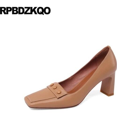 Size 4 34 Unique 2021 Pumps Square Toe Evening 3 Inch Thick 33 Dress Shoes Women Trending Nude Genuine Leather Retro High Heels