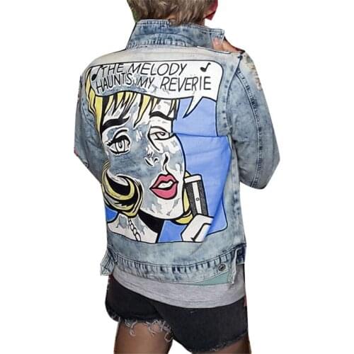RUGOD 2019 Vintage letter Print Jean Jacket Women Fashion Ripped Hole turn-down collar Bomber Jackets female casual Denim Jacket