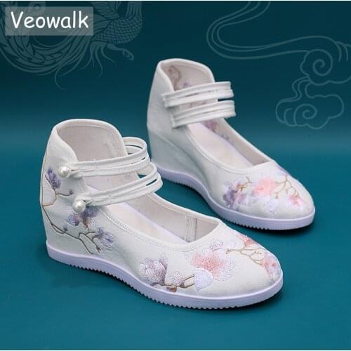 Veowalk Women Canvas Embroidered Hidden Wedge Platform Shoes 7cm High Heel Elegant Ladies Ankle Strap Pumps Sneakers White