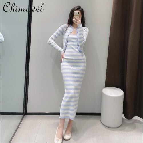 Women Long Sleeve Skinny Knitted Cardigan Slimming Stripes Bodycon Knitted Long Dress Female Two Pieces Dress Set