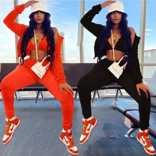 Casual Streetwear Solid 3 Piece Set Women Fashion New Autumn Zipper Hooded Crop Top + Sweatpants Slim Matching Set Outfits Suits