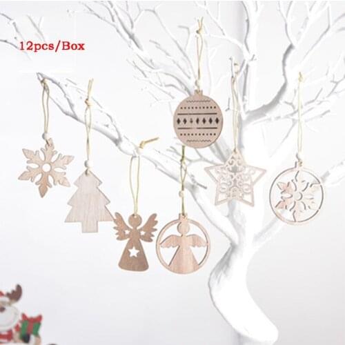 12pcs/Lot Vintage Christmas Wooden Pendants Ornaments DIY Wood Crafts Xmas Tree Ornaments Christmas Party Decorations Kids Gift