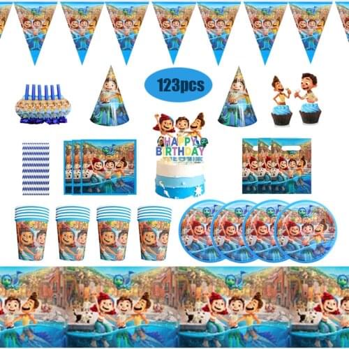 123pcs Disney Pixar Luca Birthday Party Supplies Tableware Set Baby Shower Party Decoration Include Plate Napkins Straw Hat