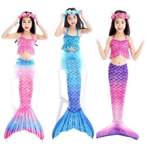 3pc Girls Suit Halloween Kids Swimmable Mermaid Tail for Girls Swimming Bating Suit Mermaid Costume Swimsuit can add Monofin Fin