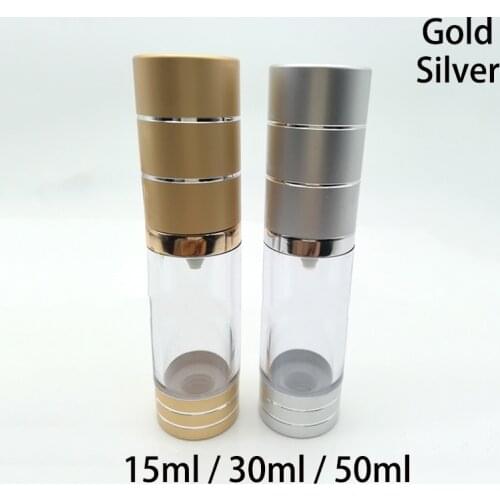 50ml 30ml 15ml Empty Gold Silver Plastic Airless Pump Bottle Essential Oil Foundation Cream Packaging Container Free Shipping