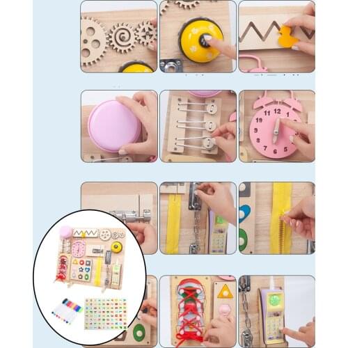 Baby Wood Busy Board Lace Clock Life Basic Skills Educational Sensory Board