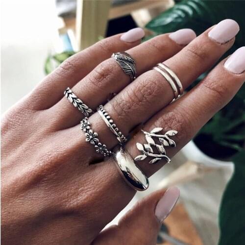 Docona 9pcs/set Bohemia Sunflower Rings for Women Silver Color Leaf Wave Metal Midi Knuckle Ring Set Jewelry Anillos 14549