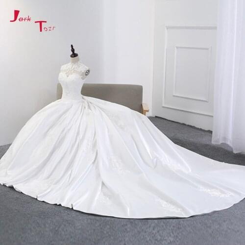 Jark Tozr New Arrive High Neck Open Back Lace Up Appliques France Satin A-line Wedding Dresses Plus Size Robe Mariage
