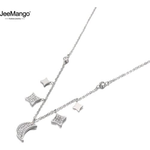 JeeMango Vintage Stainless Steel CZ Crystal Star Moon Charm Pendant Necklace Jewelry Trendy Choker Necklace For Women JN19116