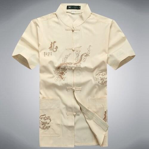 Chinese Shirt Men Dragon Pattern Short Sleeve Male Traditional Chinese Shirt White Tangzhuang Wushu Clothing Man