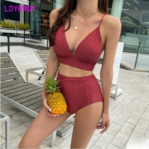 LDYRWQY 2021 new Japanese and Korean solid color high waist sexy big breasts gather strappy bikini swimsuit two-piece suit