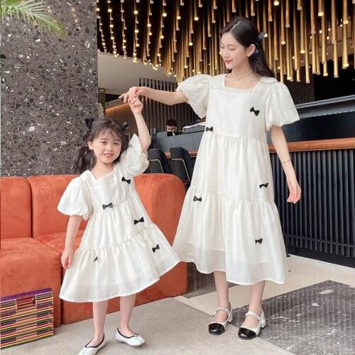 Summer Dresses for Mum and Me Hot Sales Parent-child Dresses 2021 New Design French Bow Dress for Girls and Women Family Clothes