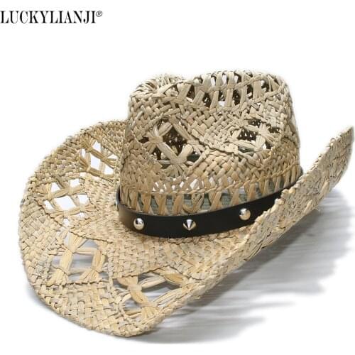 LUCKYLIANJI Womens Mens Unisexs Vintage Wide Brim Straw Sun Beach Cowboy Cowgirl Western Hat Rivet Leather Band (58cm)