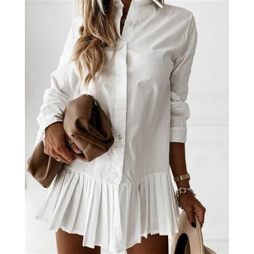 2021 Fashion Solid Color Shirt Dress Women Long Sleeve Lapel Pleated Mini Dress Summer Fall Casual Elegant Dress Female