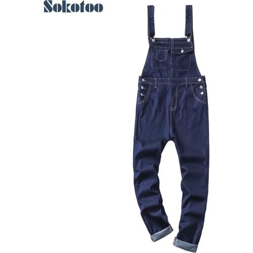 Sokotoo Mens dark blue denim bib overalls Slim fit jeans Suspenders jumpsuits