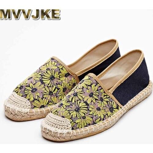 MVVJKE Fashion Ethnic Casual Espadrilles Flat 2018 New Women Sunflower Printed Embroider Slip on Fishermen Hemp Rope Shoe