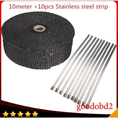 Car Motorcycle Exhaust Heat Pipe Header Wrap +10Cable Tie Manifold Fiberglass 3000 Fahrenheit Insulating Black 10M x 5cm x 1.5mm