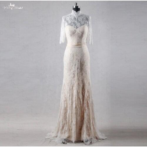 RSW1064 Yiaibridal Real Job Photos High Neck Half Sleeves Sheath Lace Vintage Wedding Dress