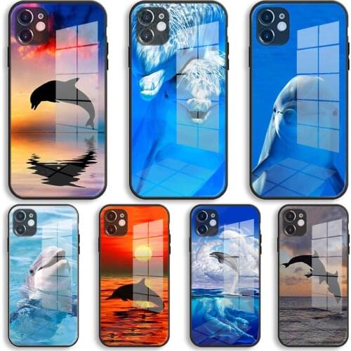 Pretty dolphin Soft Glass Silicone Case For iPhone 12 11 Pro X XS Max XR 8 7 6 Plus SE 2020 S Mini Balck Cover