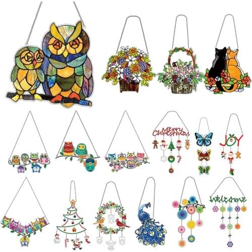 Owl DIY Applique Diamond Painting Rhinestone Acrylic Pendant Kit Crafts Wall Hanging Mosaic Art Door Window Home Decor Ornament