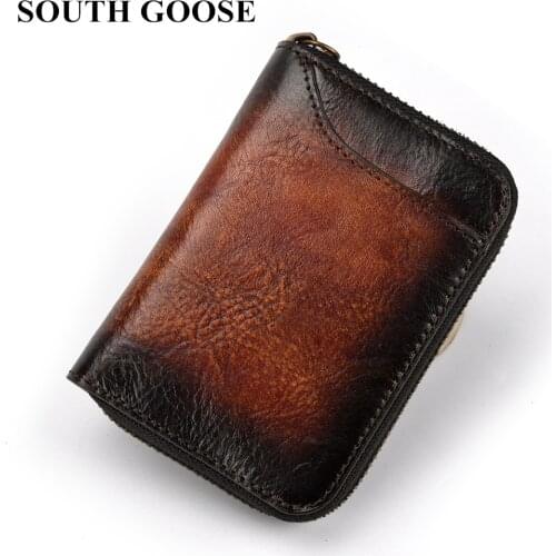 SOUTH GOOSE Brand Men/Women Cowhide Leather Zipper Credit Card Holder Retro Business Card Case Large Capacity Coin Purses Wallet