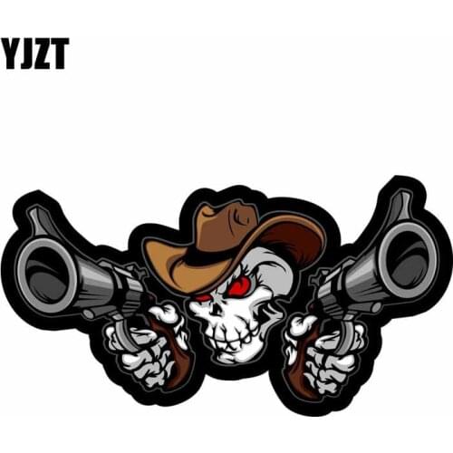 YJZT 12.5CM*6.6CM Creative Reflective Skull Cowboy With Guns Car Sticker Decal Car Styling 6-0691