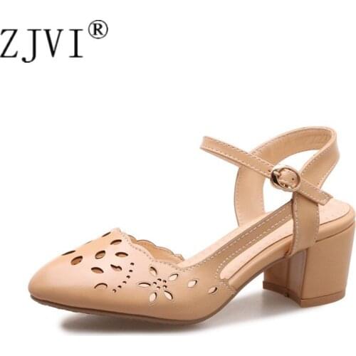 ZJVI Woman Square Heels Sandals Women Summer Round Toe Shoes 2020 Womens Party Ladies Cut Outs Casual Work Sandals Plus Size 4