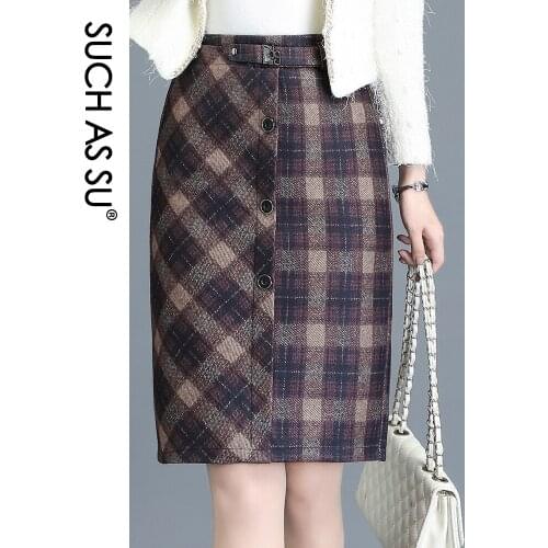 SUCH AS SU New Wool Blue Red Lattice Skirts Women 2020 High Waist Knee Length S-3XL Plus Size Fashion Female OL Office Skirt