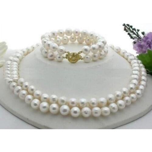 Beautiful 2 row 10-11mm south white natural pearl necklace 18" bracelet 8" Yellow CLASP