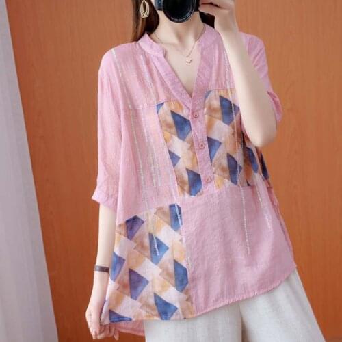 Women Summer Cotton Linen Casual T-shirts New Arrival 2021 Simple Style Vintage V-neck Loose Female Half Sleeve Tops Tees S4052