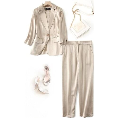 Woman 2 piece sets 2020 spring summer office ladies work golden striped blazers coats + slim pencil pants suit sets S-3XL JC342