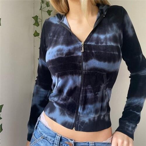 Women Casual Fashion Hoodies Outwear Tops Fall Spring Long Sleeve Zip Up Hooded Sweatshirts With Pockets Tie Dye Clothes Female