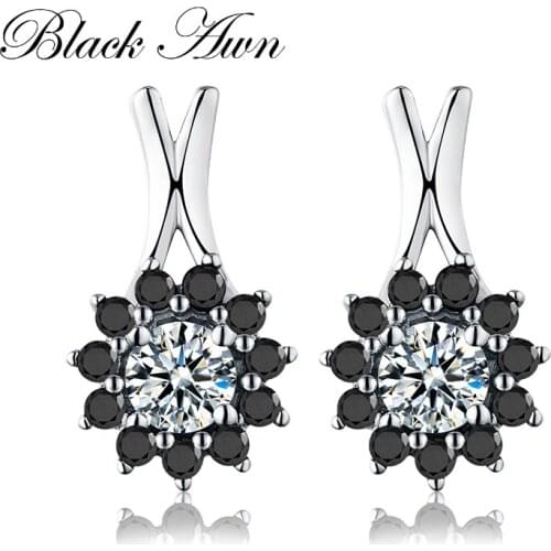 [BLACK AWN] Genuine 925 Sterling Silver Earrings Black Spinel Flower Engagement Stud Earrings for Women Silver 925 Jewelry T031