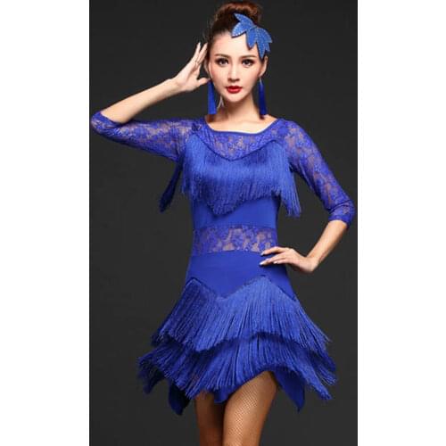Women Competition Dance Clothes Sequins Costume Set Half Sleeves Fringe Salsa Dresses Ballroom Ladies Latin Dress