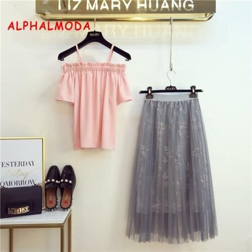 ALPHALMODA 2019 Summer Off-shoulder Short-sleeve Blouses + Embroidery Gauze Skirt Women 2pcs Casual Set Sweet Women 2pcs Outfit