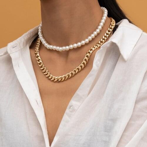 New High Quality Geometric Simple Imitation Pearl Womens Necklace Beaded Fashion Hollow Geometric Punk Necklace Party Jewelry