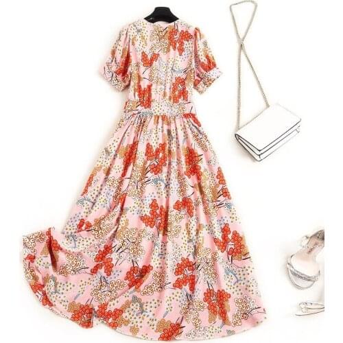 Summer Runway Fashion 2021 High Quality Designer Short Sleeve V-Neck Flower Print Party Holiday Long Dress
