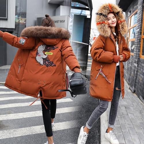 Dress woman medium and long hair collar down cotton coat large Korean version of students loose thickened padded jacket girl