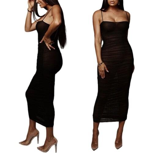 Women’s Sexy Boat Neck Suspender Dress Fashion Solid Color Perspective Skinny Long Dress