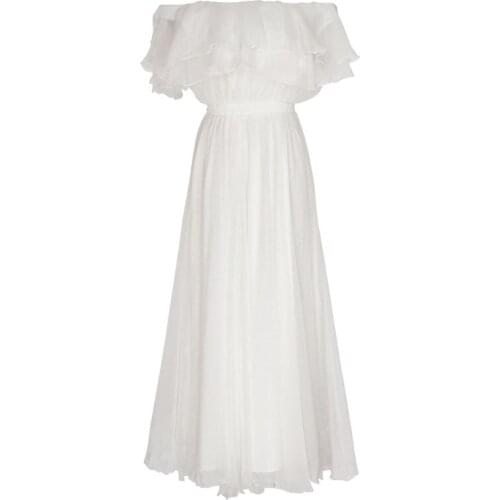 PERHAPS U White Chiffon Strapless Off Shoulder Ruffle Maxi Long Dress Beach Sleeveless Vocation Solid Loose D0481