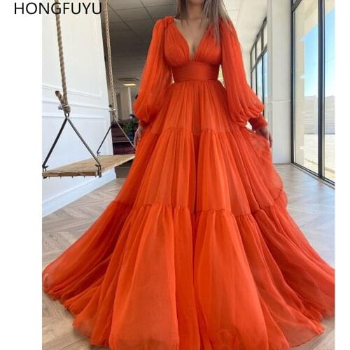HONGFUYU Orange Chiffon Tiered Prom Dress вечерние платья A-Line Deep V Neck Evening Dresses Woman Party Night Long Formal Gown