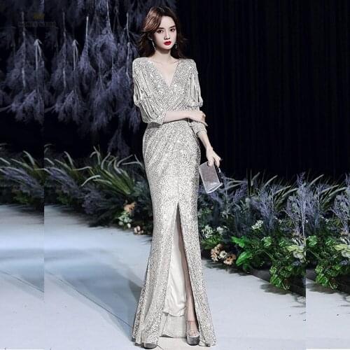 Sexy Evening Dress V-Neck Pleat Sequined Evening Gowns for Women Mermaid Evening Dresses Long with Split